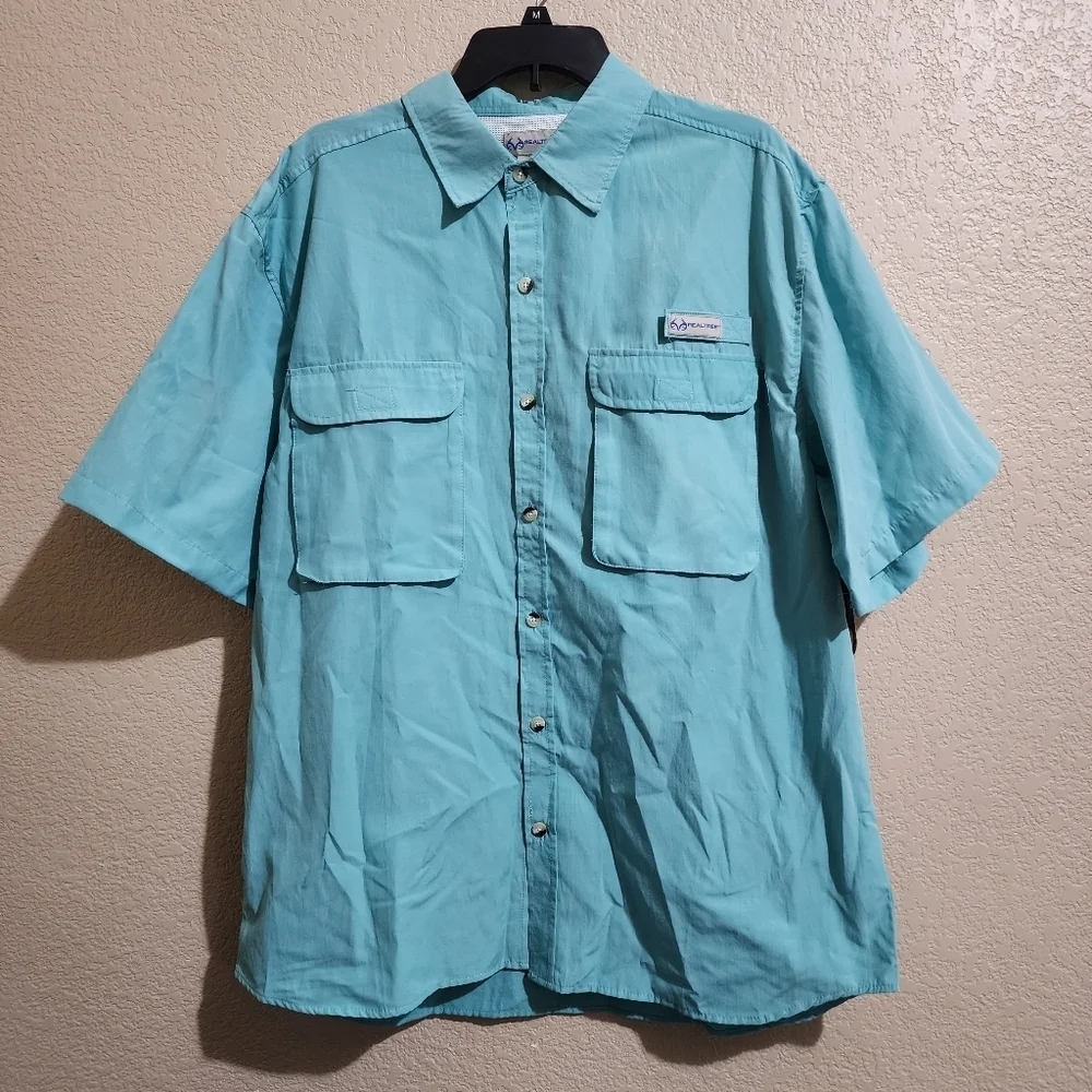 Realtree Aqua blue Short sleeve button down shirt Size XL NWT - Picture 1 of 8